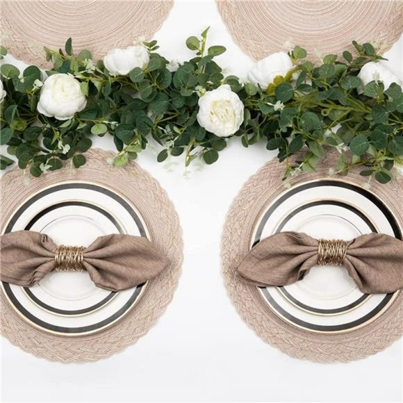 Round Placemats Set of 6 Woven Braided Border Table Mats  15 inch, Beige - Picture 4 of 7